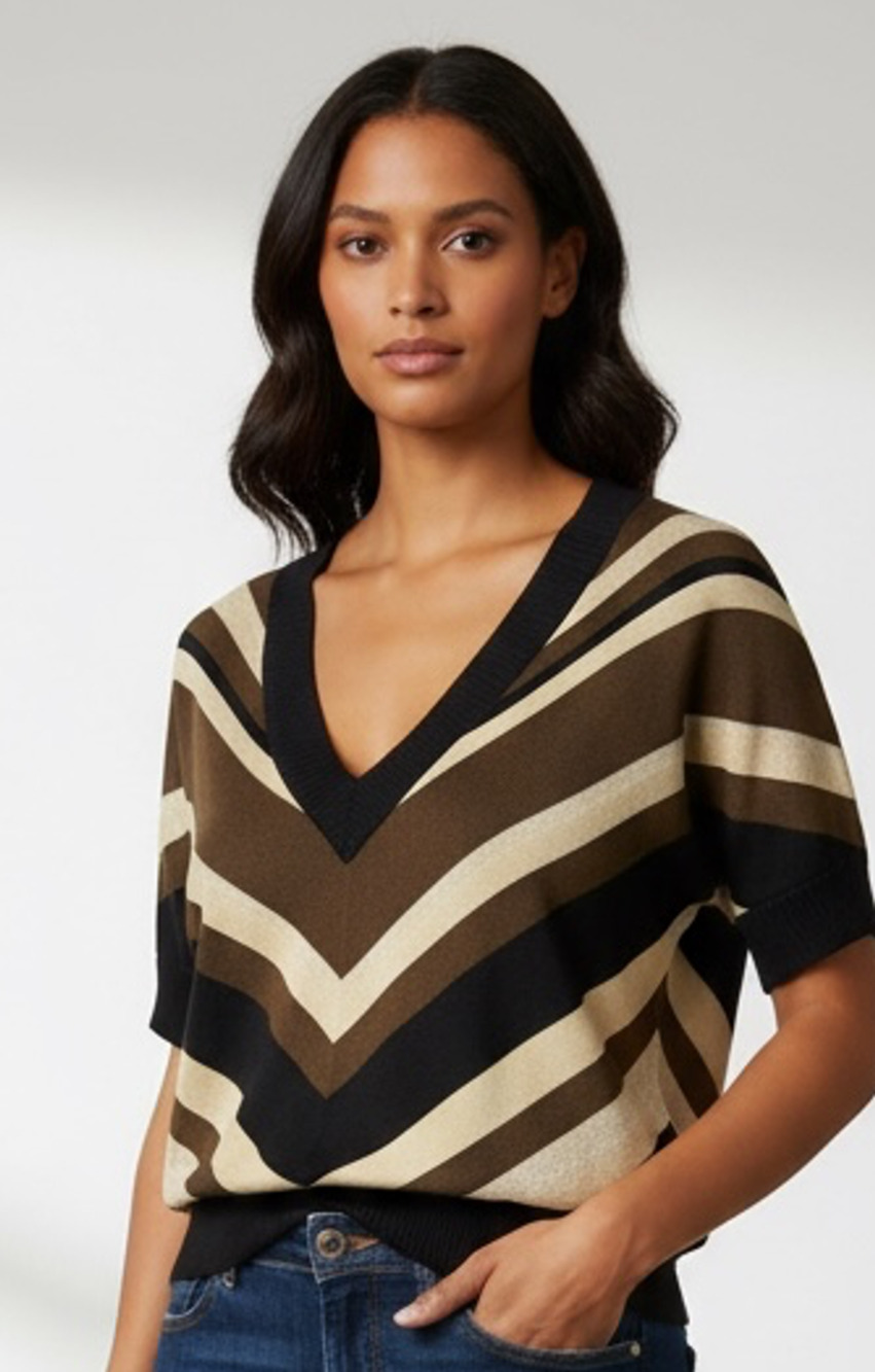 New York & Company Women's Short Sleeve Chevron Stripe V-Neck Knit Sweater